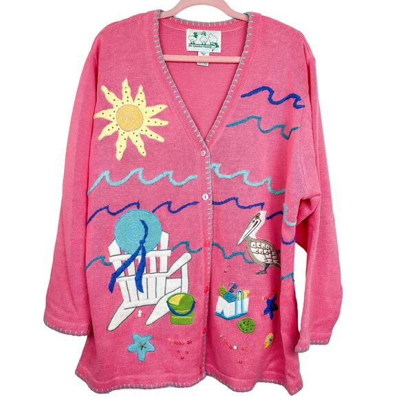 The Quacker Factory Sweaters - The Quacker Factory Sweater Vintage Beach Summer Scene Cardigan Sequin Pink